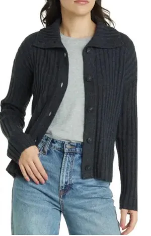 Madewell Wool Blend Ribbed Cardigan Button‎ Sweater Womens S Gray Crop Collared thumbnail 1
