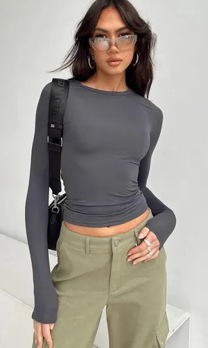 Princess Polly Arnim Gray Crewneck Long Sleeve Slim Pullover Tee T-shirt Top 2 thumbnail 1