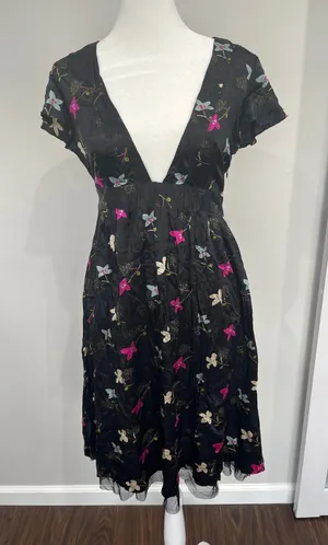 Free People Night and Day Silk Floral Midi Dress Black Boho‎ Size 6 thumbnail 1