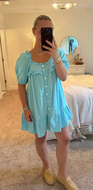 Stoney Clover Target Puff Sleeve Mini Babydoll Dress Aqua Blue thumbnail 1