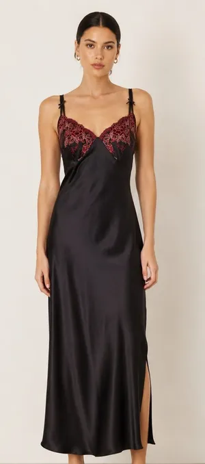 Vintage Black Satin Slip Dress Burgundy Embroidered Lace Maxi S thumbnail 1