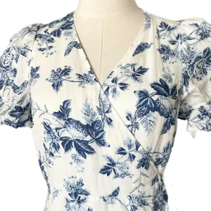 & Other Stories Midi Wrap Dress 100% Linen Blue White Floral Ruffle Puff Size 6 thumbnail 3
