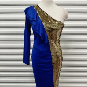 Womens One Shoulder Sequin Midi Dress Size XS Blue Gold Wedding Party Evening thumbnail 6