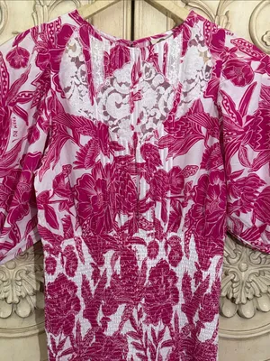Farm Rio Tropical Woodcut Dress Pink Floral Appliqué Lace Resort Wear Smocked L thumbnail 6