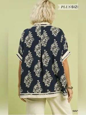 New! Umgee Navy Abstract  Print Button-Front Plus Size Top Size 1X thumbnail 5