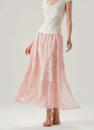 Rihoas Pink Floral Elastic Waist Flared Skirt thumbnail 2