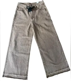 Dazy-Less Brown Ultra Wide Leg Baggy Urban Frayed Raw Hem Drawstring Denim Jeans thumbnail 1