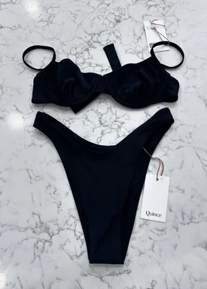 NWT Quince Black Italian Demi Bikini Top & High Rise High Leg Dipped Bottom Set thumbnail 1