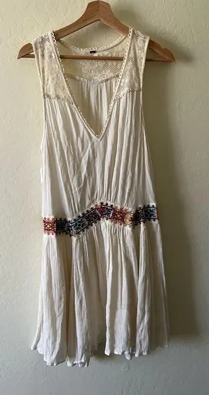 Free People embroidered waist crochet neckline gauze dress thumbnail 1