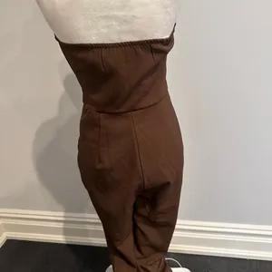 PLT Dark Chocolate Structured Woven Bandeau Belt Detail Straight Leg Jumpsuit thumbnail 3