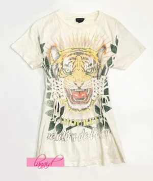 Tiger Corset Longline Tunic Tee Cream Lace-Up Edgy Cat Animal Long Top 0 thumbnail 4