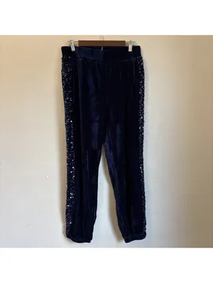 LOGO Lavish by Lori Goldstein Navy Blue Velour Sequin Side Stripe Joggers S thumbnail 2