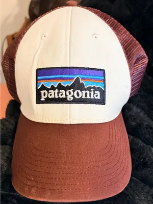Patagonia Two-Tone Trucker Hat in White & Brown with Multicolor Logo thumbnail 1