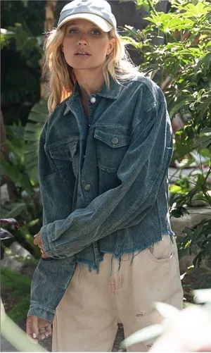 POL Womens Blue Green Corduroy Raw Hem Boho Grunge Trucker Jacket Size L thumbnail 1