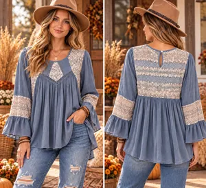 POL Dusty Blue Lace Yoke Peasant Tunic thumbnail 2