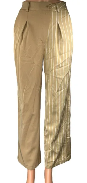 PrettyLittleThing Tan Khaki Beige Striped Patchwork Trouser Dress Pants Size 2 thumbnail 1