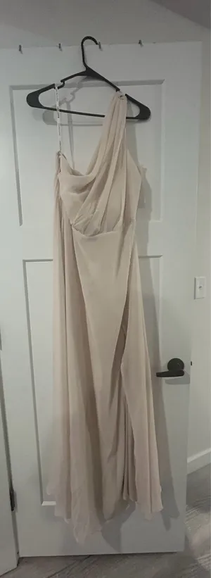 Birdy Grey Champagne Bridesmaid Dress One-Shoulder Shiny Chiffron Kira Women’s M thumbnail 2