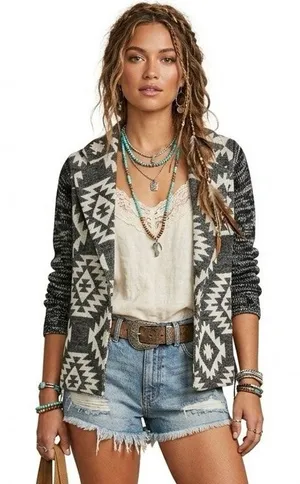 SKIES ARE BLUE Women's Medium Knit Blazer Aztec Southwest Black White Cardigan thumbnail 1