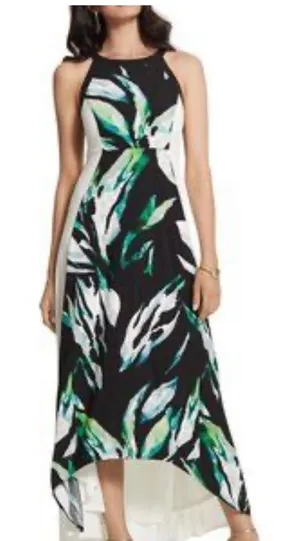 Chico's Palm Passion High-Low Maxi Dress Black White Tropical Leaf Size 2‎ Large thumbnail 1