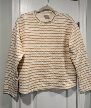 NWOT J. Crew Size S Tan Cream Reversible Quilted Striped Crew Sweatshirt thumbnail 1