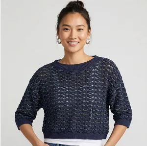 Maeve Anthropologie‎ Navy & Lime Green Open Knit Cropped Sweater - Size S thumbnail 1