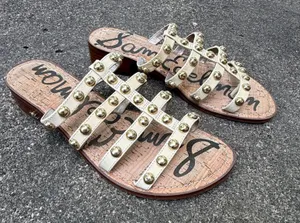 Sam Edelman Women Ivory Leather Studded Cage Slide Sandals Cork Block Heel Sz 8 thumbnail 1