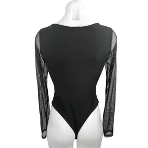 Nasty Gal Black Mesh Long Sleeve Ruched Square Neck Thong Bodysuit Top Size 4 thumbnail 5