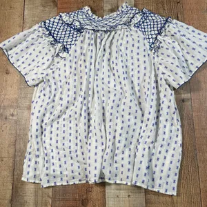 Pilcro Anthropologie Large Blue White Smocked Yoke Tassel Cotton Peasant Blouse thumbnail 6