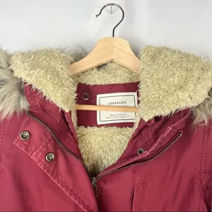 Zara‎ Red Full Zip Cinched Waist Fur Trim Hood Parka Jacket S thumbnail 4