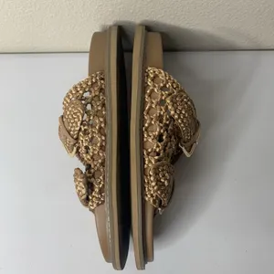 Joie Slide Sandals Woven Braided Crochet Tan Bronze Metallic Gold Buckle Sz 10 thumbnail 5