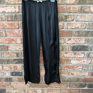 Stark X Anthropologie Black Satin Pants Pull On Size Large Wide Leg Slit Hem thumbnail 3
