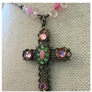 Vintage Victorian Revival Jeweled Cross Necklace Pink Green Rhinestones Beaded G thumbnail 3