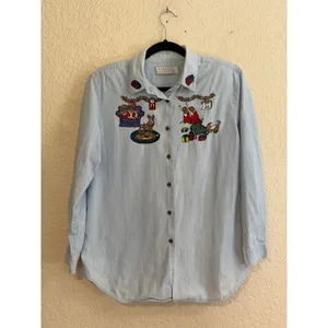 Karen Scott Button Down Shirt Blue M Women Christmas Dogs Embroidered Chambray thumbnail 3