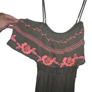 Francesca'S Miami Olive‎ Green Coral Embroidered Maxi Off The Shoulder Dress New thumbnail 2