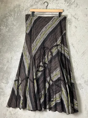 Vintage Y2K Brown Olive Striped Patchwork Maxi Skirt Asymmetrical Boho Artsy thumbnail 1