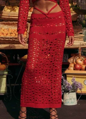 I.AM.GIA Alix Skirt Swim Coverup Maxi Elastic Waist Crochet Sheer Red XXS thumbnail 1