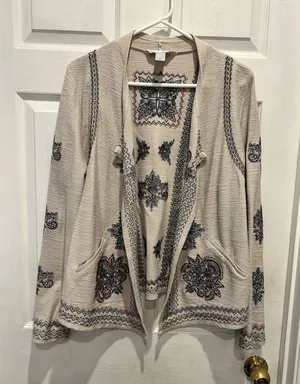Christopher & Banks Beige Embroidered Open Front Cardigan Jacket Womens Medium M thumbnail 1