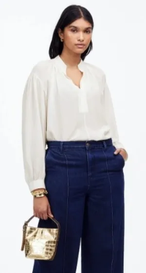 NWT Madewell NT652 Shirred Long-Sleeve Top in Silk Ivory white Sz M thumbnail 1