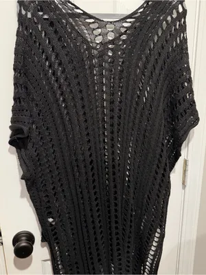 Black Open Knit Crochet Swim Cover Up One Size Boho Beach Tunic Poncho thumbnail 5
