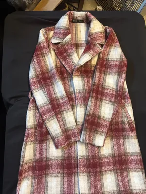 Potter's Pot Plaid Pea Coat in Burgundy and Cream no belt thumbnail 1