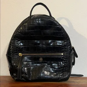 Tory Burch Croc Embossed Black Leather Mini Backpack Purse Gold Logo Casual Luxe thumbnail 3
