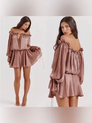 NEW House Of Cb Hazelnut Chaya Off Shoulder Chiffon Blouson Long Sleeve dress S thumbnail 2