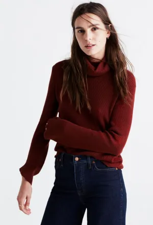 Madewell Bell Sleeve Ribbed Turtleneck Sweater Red Alpaca Wool Blend Sz XS thumbnail 1