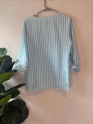 Kim Rogers Blue & White Striped V-Neck linen and cotton Top thumbnail 5