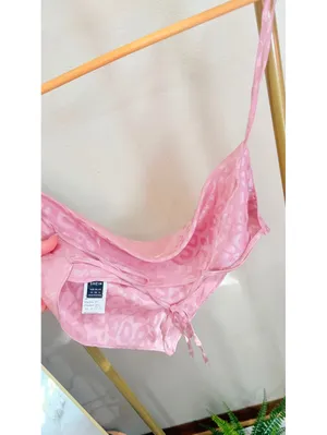 Size M Pink Satin Leopard Print Handkerchief Halter Top thumbnail 3