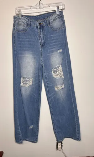 Womens Distressed Wide Leg Jeans Medium Wash Ripped High Rise Blue Size M thumbnail 1