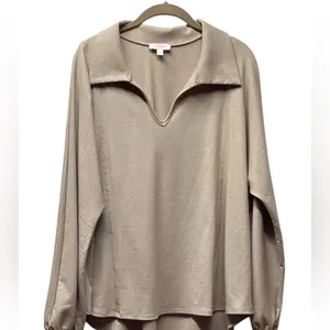 Andree by Unit V-neck Collared ribbed top Tan Size Large thumbnail 2