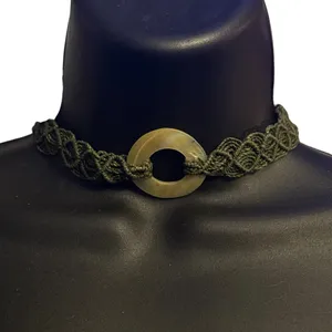 Green macrame mother of pearl choker necklace thumbnail 1