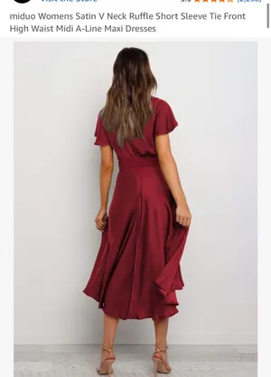 Womens Satin V Neck Ruffle Short Sleeve Tie Front High Waist Midi A-Line Maxi Dresses thumbnail 3