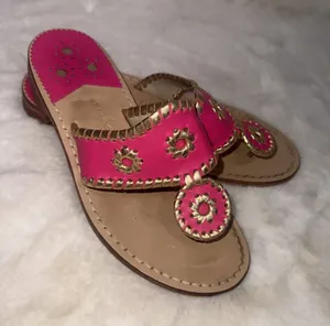 Jack Rogers Pink Gold‎ Leather Preppy Medallion Old Money Sandals Womens Size 5m thumbnail 1